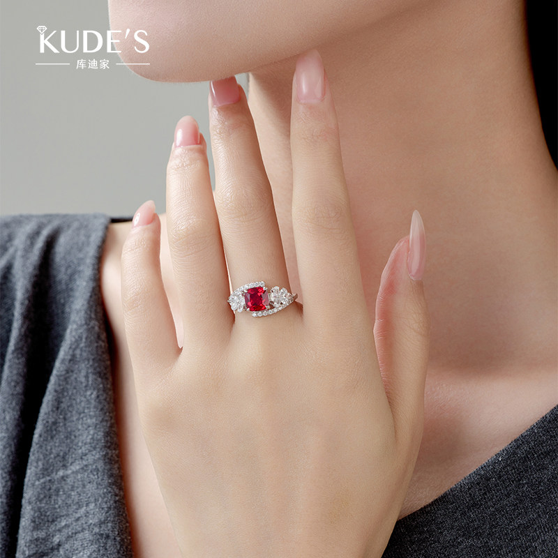 KUDE'S库迪家2克拉培育红宝石戒指女樱花戒指S925银高级气质R052