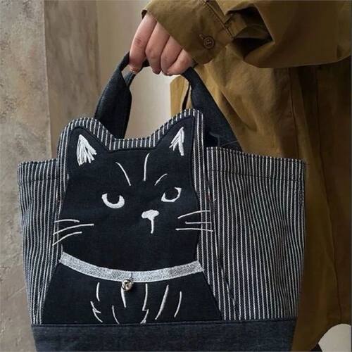 PU Handbag Embroidery 3D Black Cat Tote Lunch Bag Women Shop