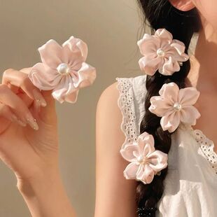 1Pc French Pearl Satin Floral Hair Accessory Suitable All Se