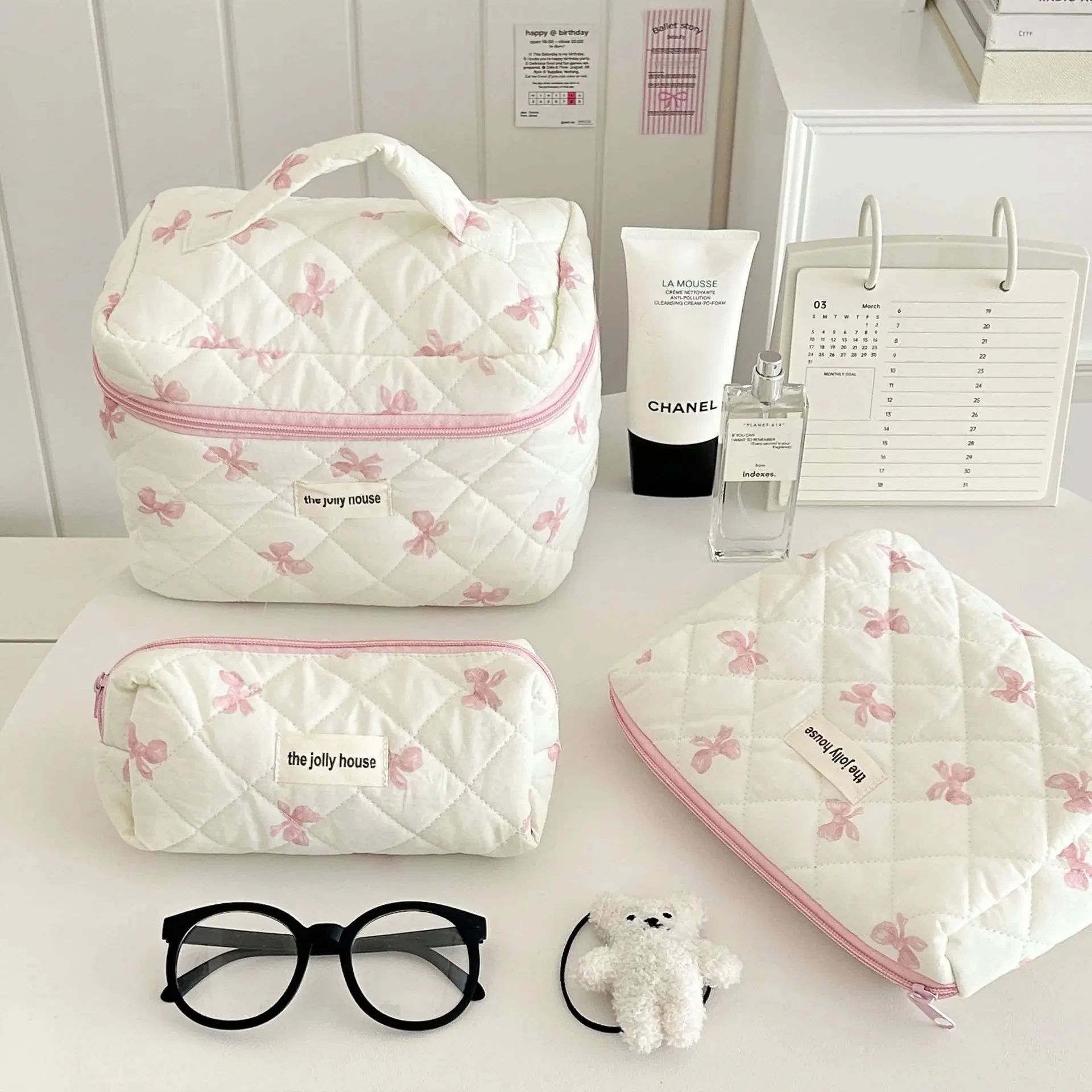 3Pcs Korea Bow Print Women Makeup Bag Large Capacity Portabl