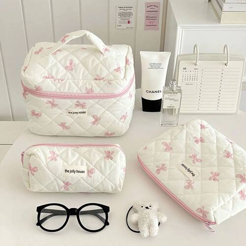 3Pcs Korea Bow Print Women Makeup Bag Large Capacity Portabl