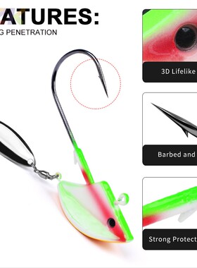 路亚铅头钩 柳叶片不倒翁铅头钩防挂底路亚钩JIG软虫钩带旋转亮m6