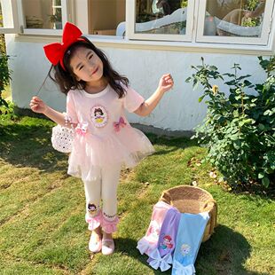 艾莎公主女童衣服洋气纯棉短袖网纱T恤打底裤女宝可爱甜妹套装夏