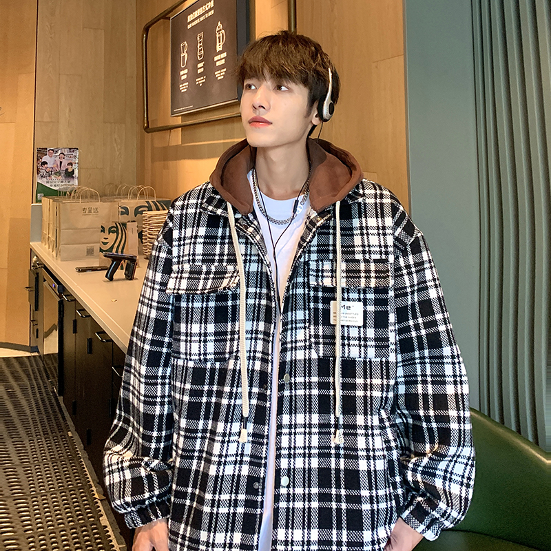 中长款冬季连帽格子毛呢外套