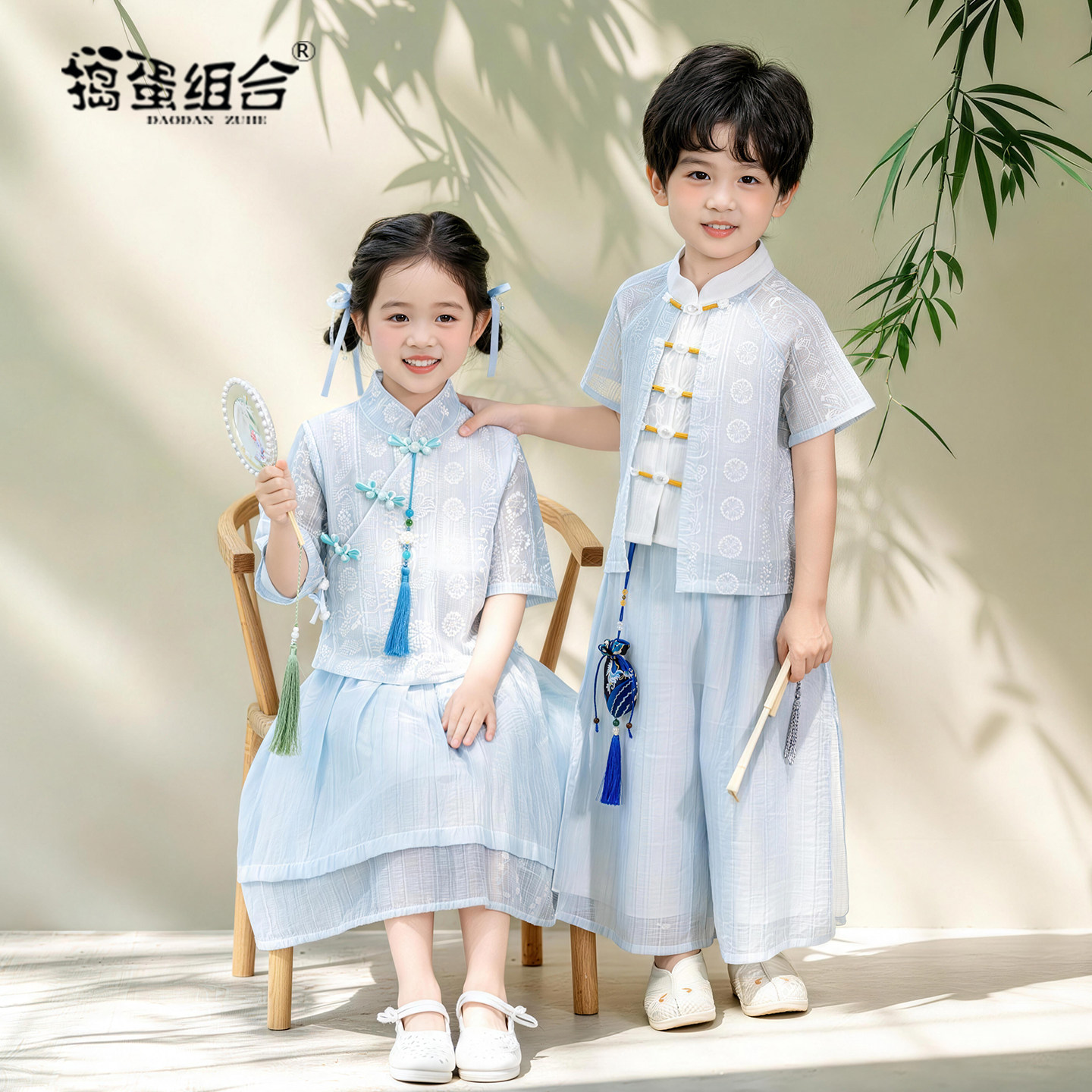 夏季薄款新中式亲子装国风男童汉服古装幼儿园毕业班服端午演出服