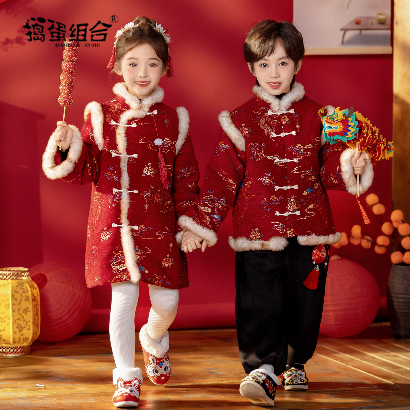 男童唐装冬装中式女童汉服中国风加棉喜庆拜年服幼儿园班服演出服