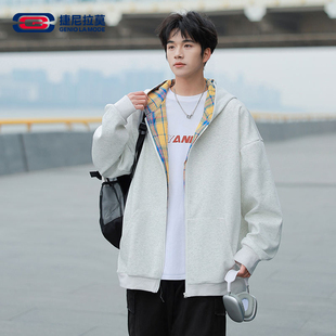 【敖瑞鹏代言】Geniolamode春秋连帽卫衣格子内里撞色拉链开衫