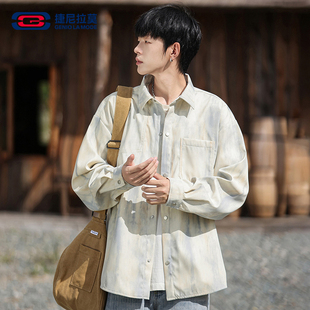 敖瑞鹏代言 日式 捷尼拉莫2025长袖 秋季 复古印花休闲衬衣外 衬衫