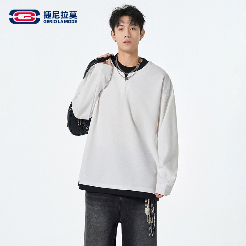 【敖瑞鹏代言】捷尼拉莫秋季假两件不起球圆领卫衣情侣运动上衣