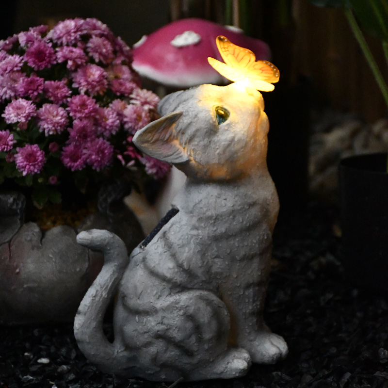 阳台花园装饰庭院布置可爱猫咪摆件太阳能灯户外创意树脂动物雕塑