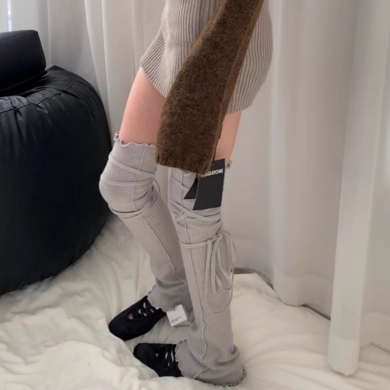 穿搭必备绑带袜套~ins亚文化韩版绑带竖条木耳边喇叭过膝袜套腿套