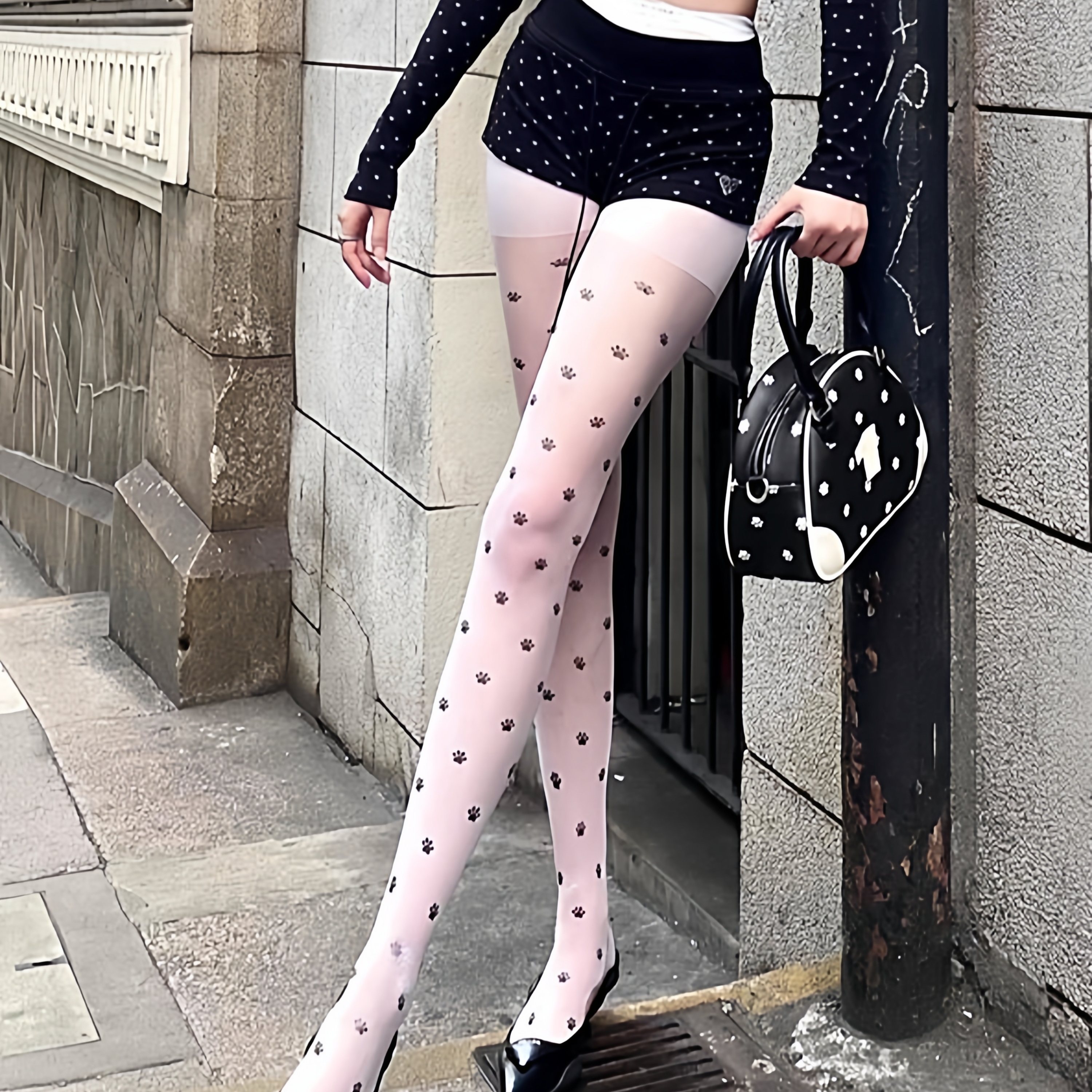 法式甜美芭蕾风猫爪印花连裤袜