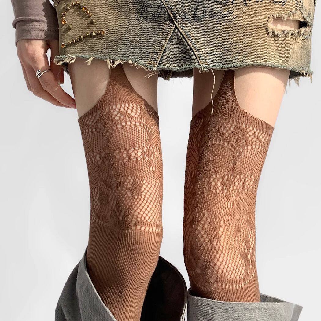 亚文化蕾丝花纹丝袜一体式镂空连裤袜y2k网眼性感渔网袜灰色网袜