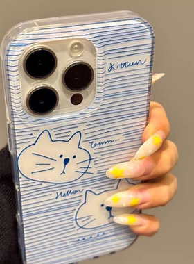 蓝色线条猫咪适用苹果16promax手机壳iPhone15新款opporeno14简约vivos30promini双层小米15硬壳红米k80情侣
