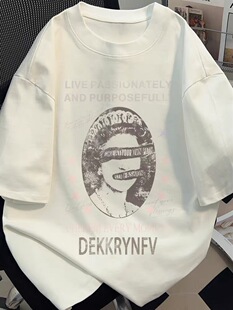美式欧美女神头像印花T恤夏季宽松男女款情侣装纯棉短袖白色上衣
