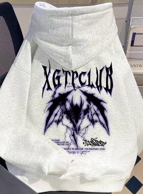 美式潮牌连帽卫衣男女新款秋冬加绒百搭恶魔之翼哥特闪电印花上衣