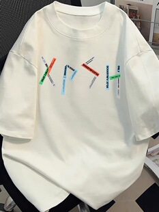 美式彩色别致字母印花T恤夏季纯棉白色短袖男女款情侣装上衣