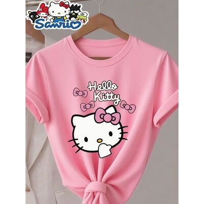Sanrio Hello Kitty Pink Bow Pattern Women's Round Neck Short
