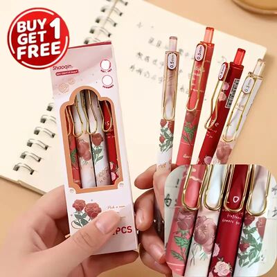 4Pcs Vintage Rose Retractable Ballpoint Pens Medium Tip Blac