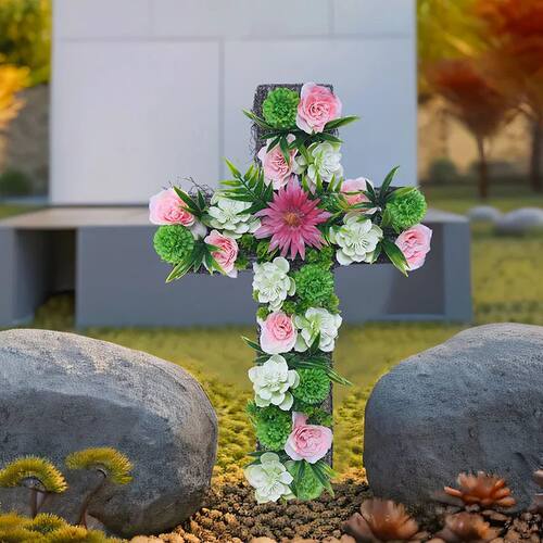1pc Artificial Cross Cemetery Flower, Artificial Grave Memor