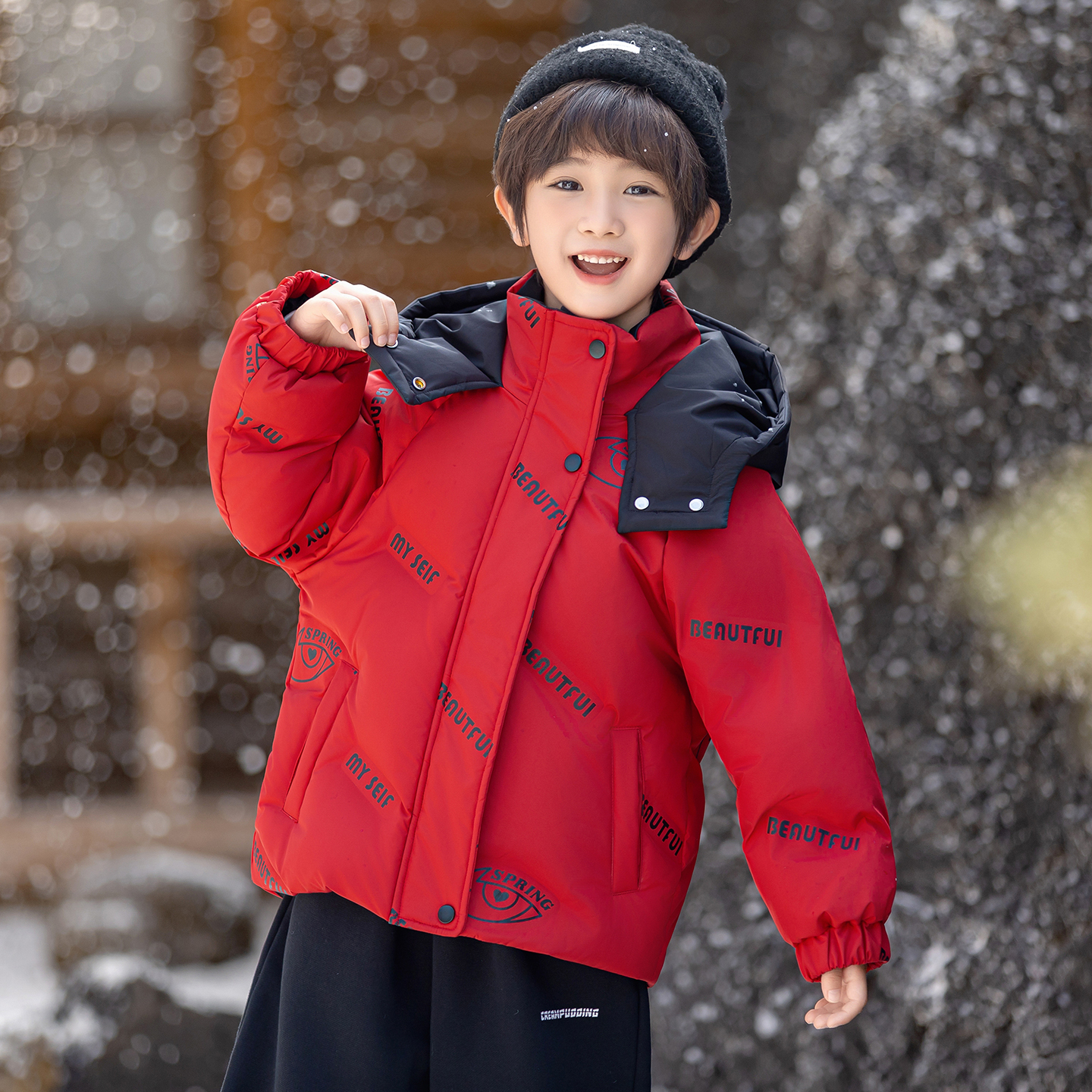 男童羽绒服2025新款红色加厚连帽男孩外套休闲保暖白鸭绒儿童冬装