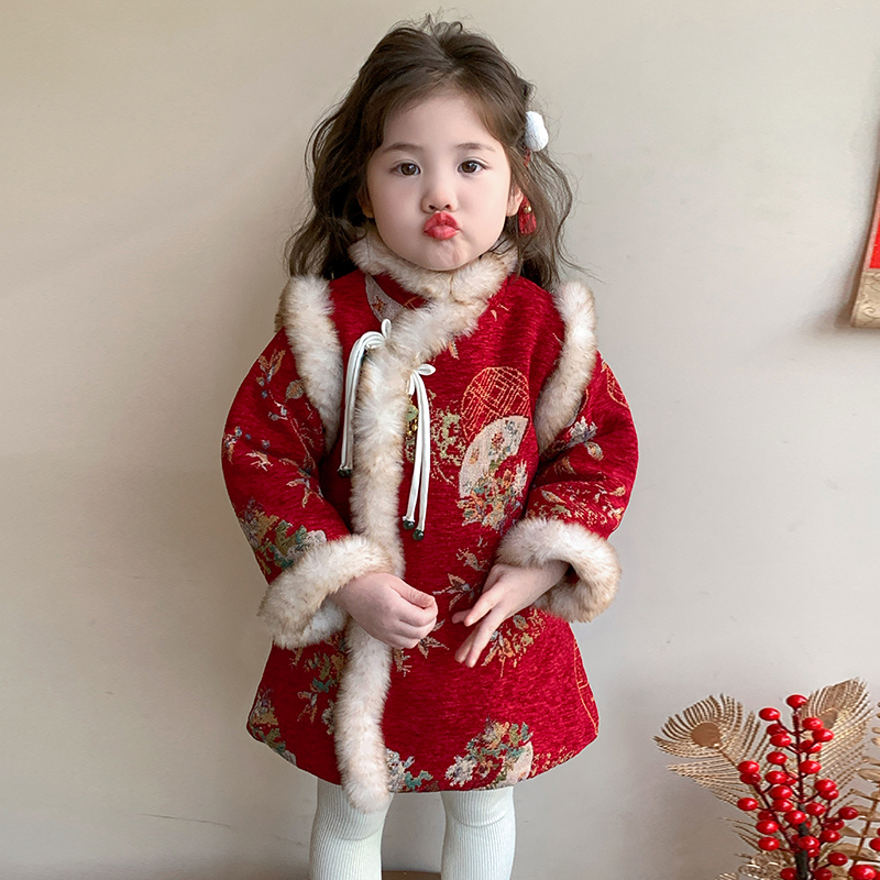 拜年服女童旗袍加绒加厚新中式连衣裙儿童唐装宝宝过年喜庆公主裙