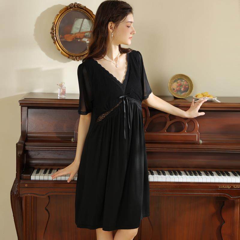 法式宫廷复古风短袖睡裙春夏季女款莫代尔甜美公主黑色睡衣带胸垫