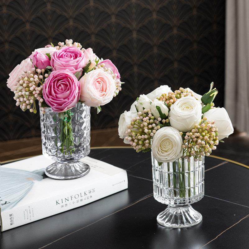 简欧轻奢高档逼真保湿感白玫瑰装饰花束摆件客厅茶几柜摆设花卧室