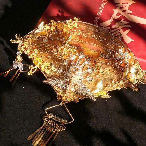 香槟色团扇新娘结婚diy材料包 手工喜扇秀禾服重工高级感遮面扇子