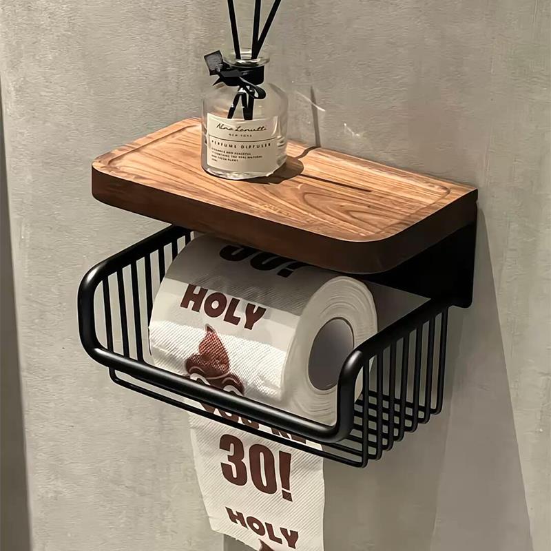 覆古风实木纸巾架卷筒卫生纸架化妆室置物架多功能收纳层架免打孔