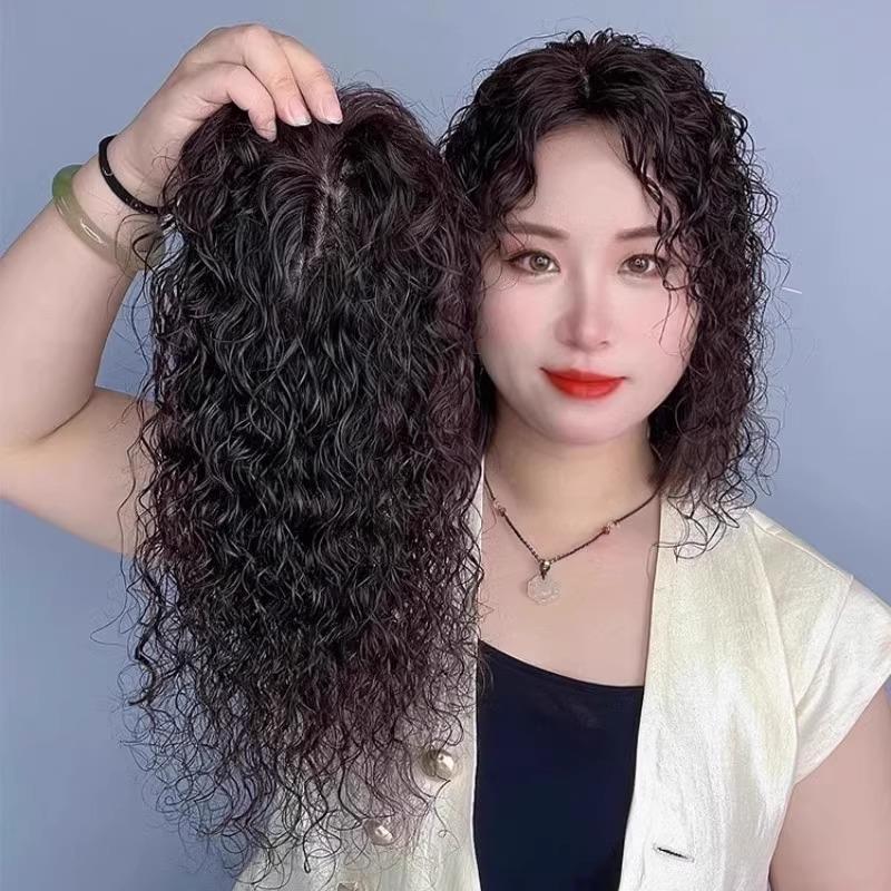 头顶补发片女短卷发真发手织无痕发顶发盖补发遮白发羊毛卷假发片