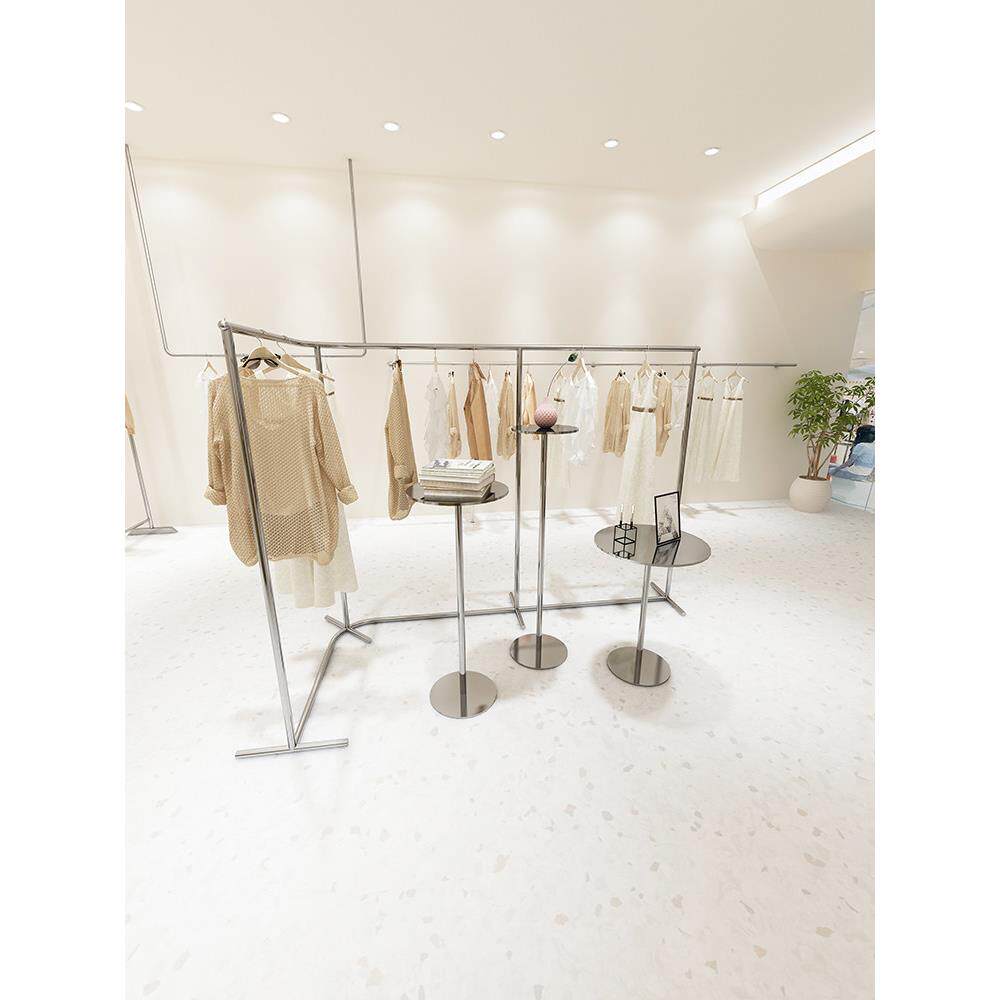 女装店货架展示架不锈钢拉丝组合中岛架服装店挂衣架落地式陈列架
