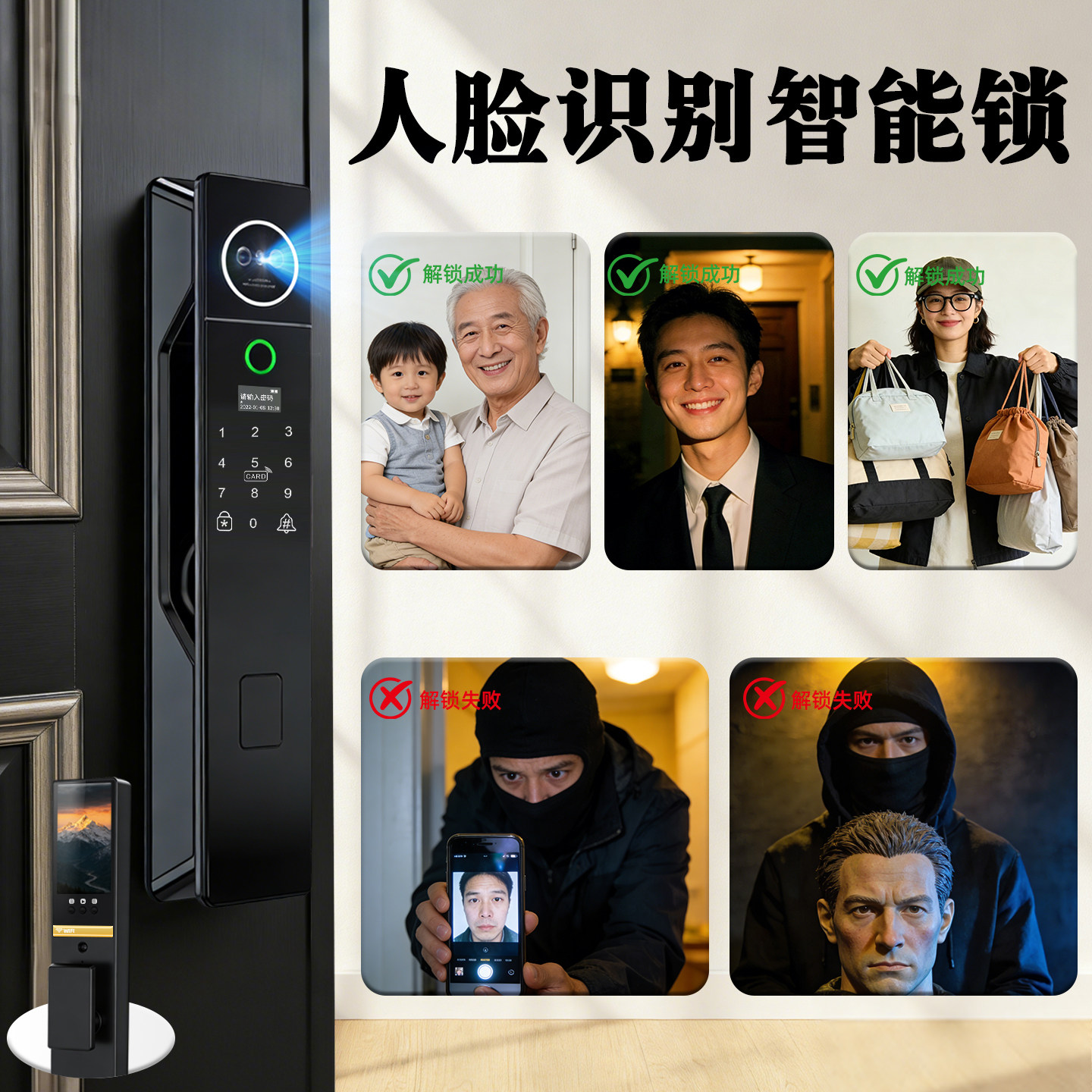 人脸识别智能锁家庭密码锁防盗锁入户门带监控录像指纹锁上门安装