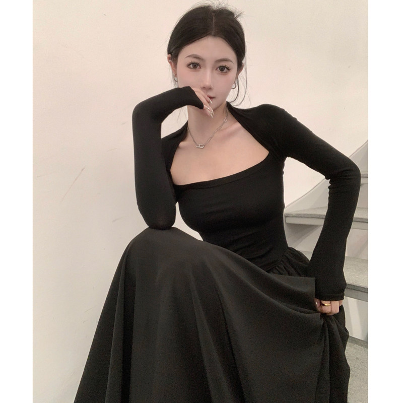 法式掐腰冷淡赫本风黑色长袖连衣裙女春秋冬气质高级性感坠感长裙
