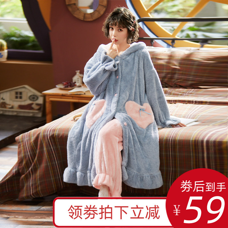 3睡衣女秋冬季法兰绒睡袍女加厚加绒珊瑚绒长款可爱网红浴袍家居服