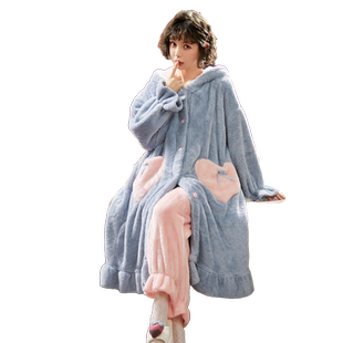 冬季睡衣女加绒加厚法兰绒长款睡袍浴袍珊瑚绒可爱秋冬家居服套装