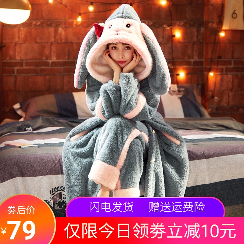 睡衣女秋冬季珊瑚绒加厚加绒长款睡袍可爱卡通法兰绒可外穿家居服