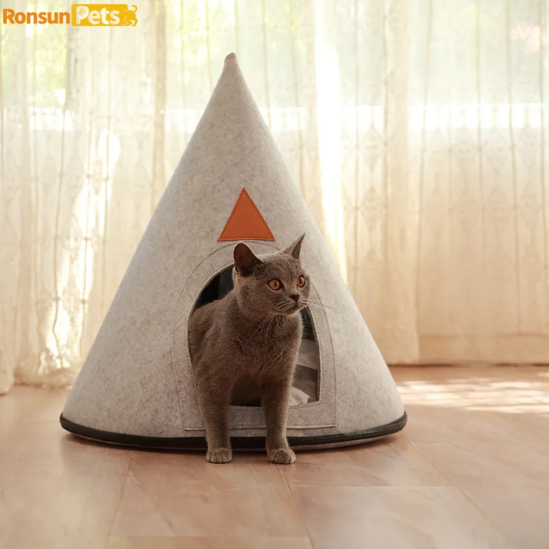 毛毡猫窝半封闭创意圆锥形可折叠水洗毛毡宠物窝单层睡觉宠物别墅