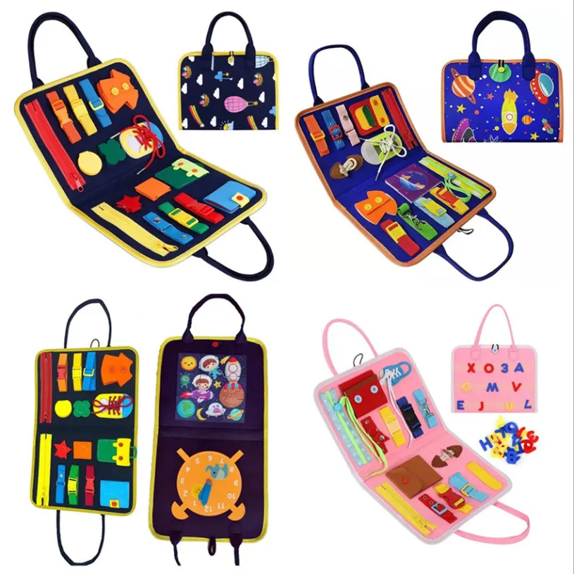 跨境儿童忙碌板穿衣系扣学习板毛毡DIY早教玩具儿童书包毛毡包