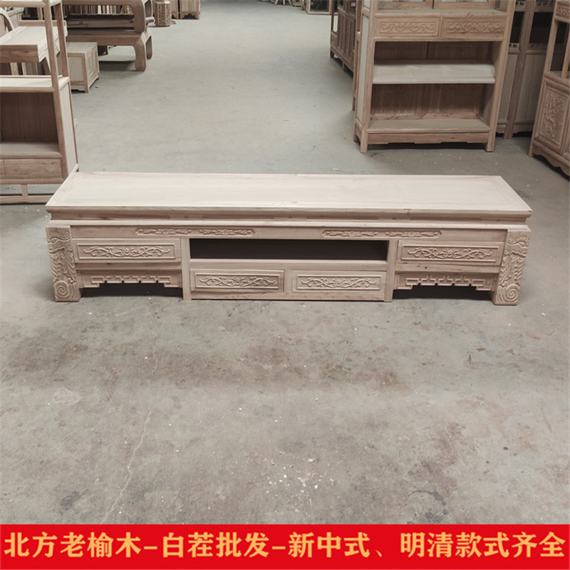 北方老榆木雕花落地白胚储物柜