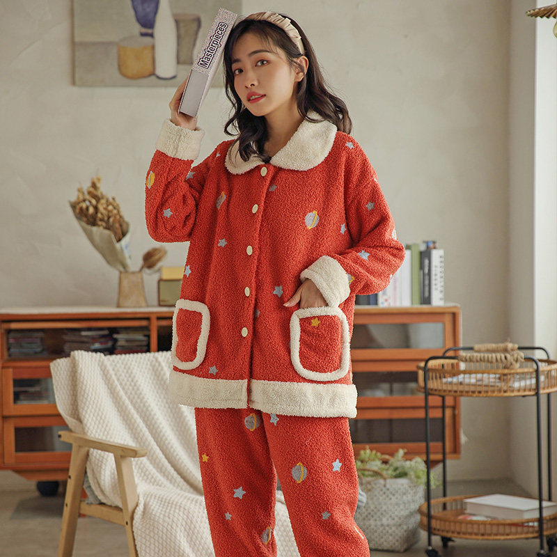 珊瑚绒睡衣女秋冬红色星球刺绣结婚棉女冬季加厚居家服套装可外穿