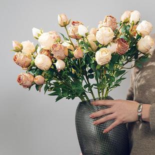 家居婚庆装 高品质仿真花5头焦边玫瑰复古绢花 饰假花干花花束高级