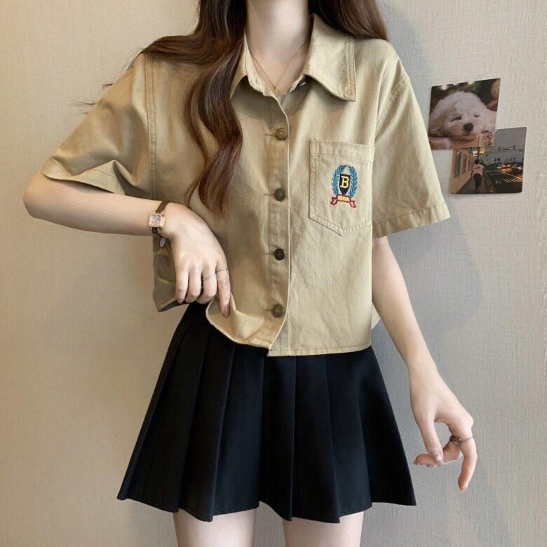 polo领短袖衬衫女夏季2024新款大码女装显瘦工装正肩短款上衣女潮