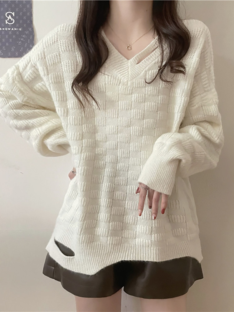 V领中长款毛衣女春秋冬2025年新款时尚百搭白色针织打底衫上衣女