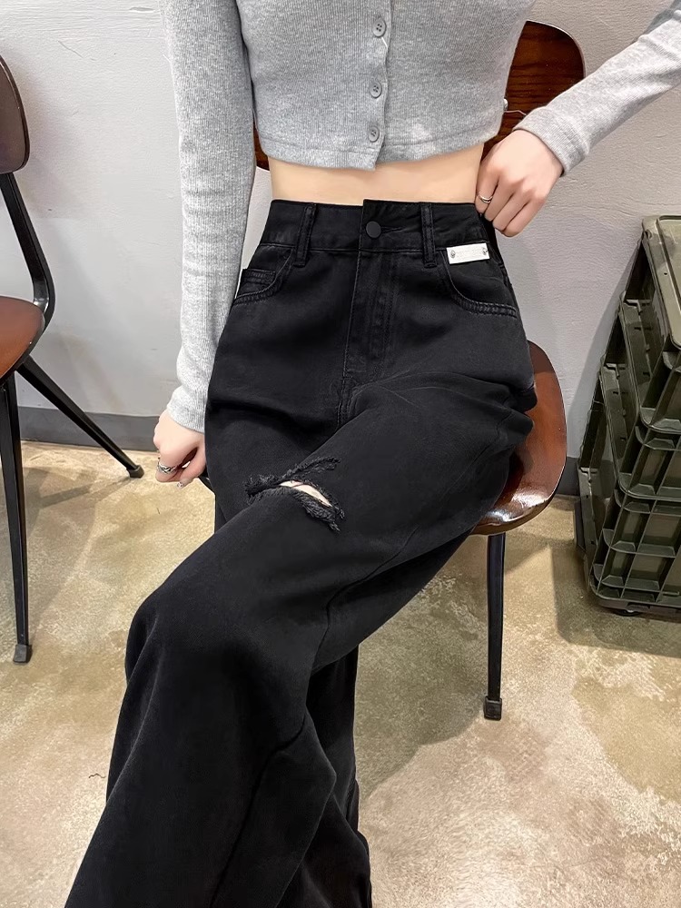 黑色破洞天丝牛仔裤女春秋薄款2025新款高腰直筒小个子阔腿裤子女