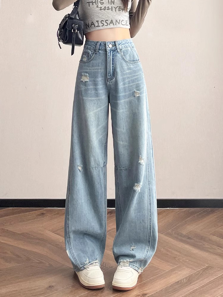 破洞阔腿牛仔裤女春秋季2025新款高腰小个子宽松窄版直筒弯刀裤子,女装/女士精品,牛仔裤,淘宝优惠券,粉丝福利购,淘宝优惠卷