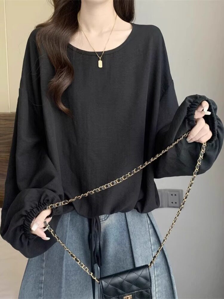 雪纺防晒长袖t恤为妇女夏季薄2025新的大尺寸下摆拉绳外衬衫上衣