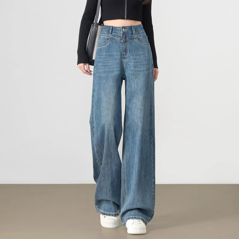 阔腿牛仔裤女2025年夏薄款新款韩版高腰垂感显瘦覆古窄版直筒裤子