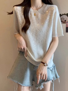 短袖 2025新款 亮闪闪冰丝针织衫 T恤女夏季 百搭亮片上衣女 大码 时尚