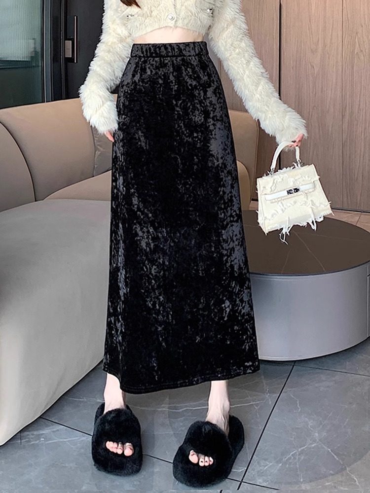 加绒加厚金丝绒半身裙女秋冬2026新款高腰显瘦时尚中长款a字裙子